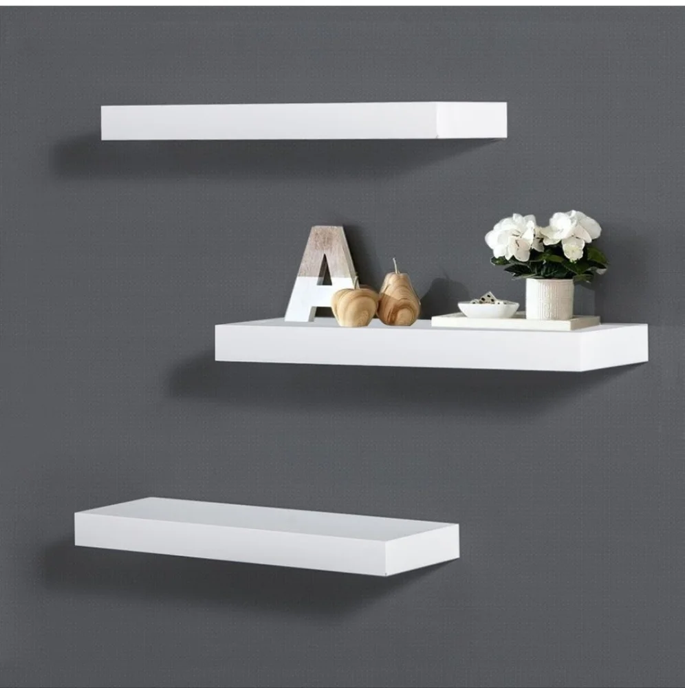 :Set of 3 Floating Shelves White Solid Wood Wall Shelves with Invisible Brackets